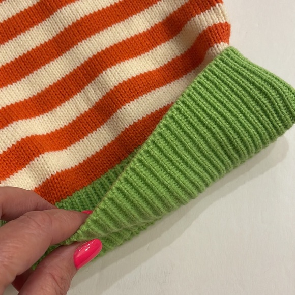 Kids unisex roll down beanie hat stripes w/ Pom Pom orange / cream / green - Picture 3 of 9